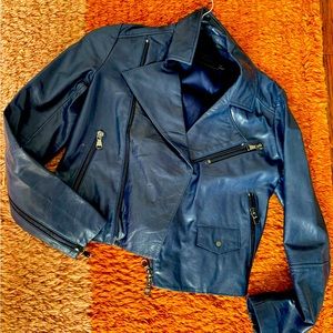 J Brand Leather Biker Jacket in Navy Blue